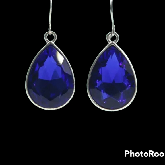 Sapphire Blue Crystal Teardrop Silver Tone Earrings - Picture 1 of 3